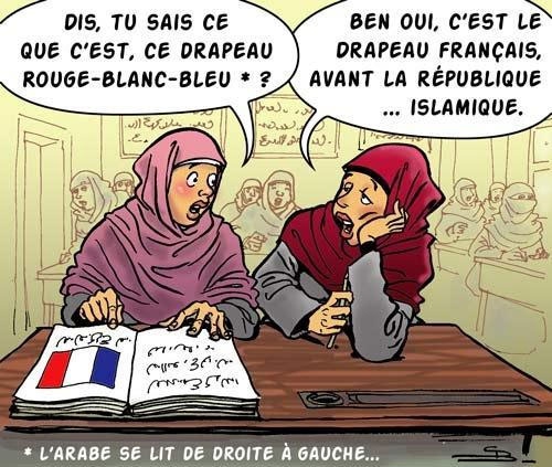 dessin,drapeau français,islam,charia,invasion